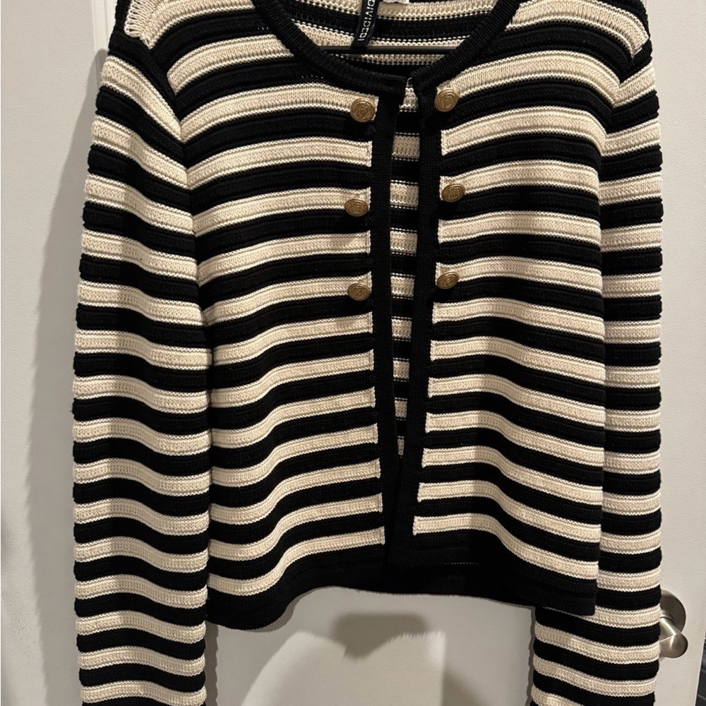 H&M Black and Cream Striped Button-Front Cropped Cardigan